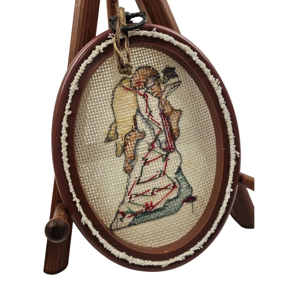 Vtg Handcrafted Angel Cross Stitch Oval Framed Ornaments Set of 2 Green Brown
